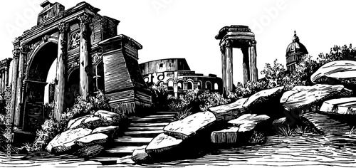 Ancient roman ruins with aqueduct fragments and amphitheater sketch for design