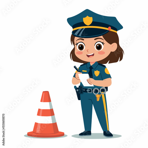 Cartoon police officer girl writing ticket next to traffic cone vector illustration image design asset cartoon vector illustration