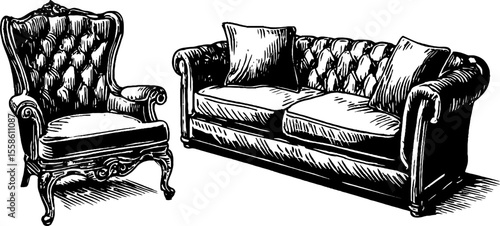 Vintage hand drawn set of sofas with cushions and rolled arms for interior design