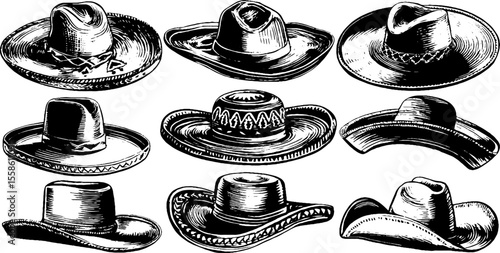 Collection of vintage hand drawn sombreros and wide brim hats with stitched details for retro design