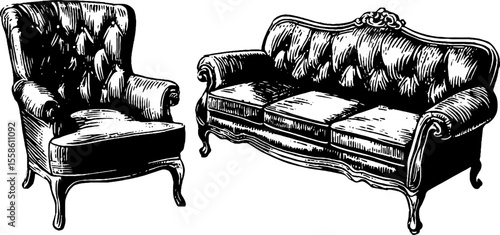 Vintage sofa and armchair with cushions and rolled arms illustration for retro interiors