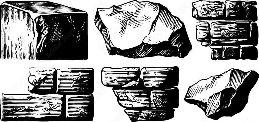 Vintage hand drawn set of stone bricks and chiseled blocks illustration for design
