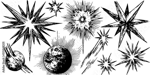 Vintage celestial silhouettes of stars and constellations in night sky