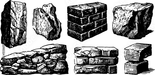 Vintage hand drawn set of stone bricks and chiseled blocks engraving for retro design