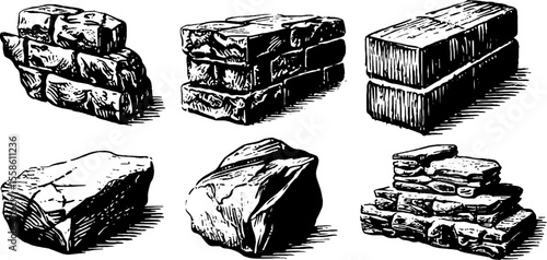 Vintage hand drawn stone bricks and chiseled blocks collection for rustic design
