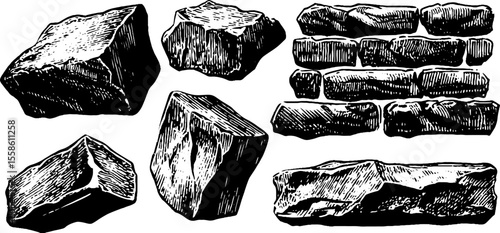 Vintage hand drawn sketch of stone bricks and chiseled blocks for design and craft projects
