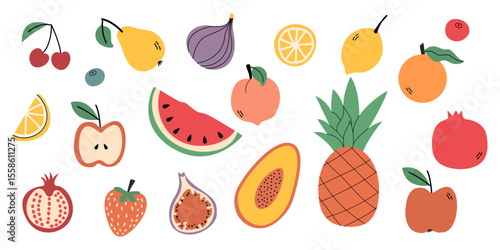 A set of fruits drawn in a flat style. A fruity collection of healthy organic piyani. Watermelon, pineapple, peach, pomegranate, blueberry, cherry, apple, lemon