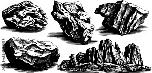 Primitive stone tools and carvings sketch for historical study and design projects