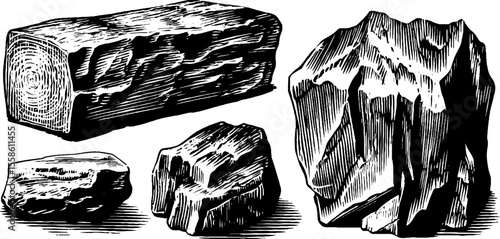 Primitive stone tools and carvings: engraved sketch of ancient artifacts for historical study and design