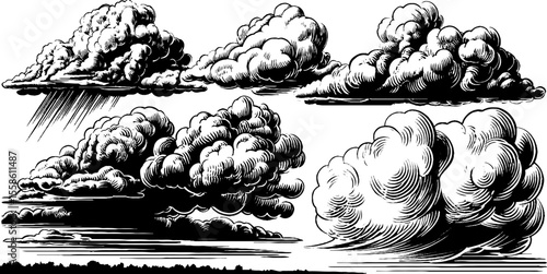 Vintage storm clouds and thunder masses sketch for artistic design and print