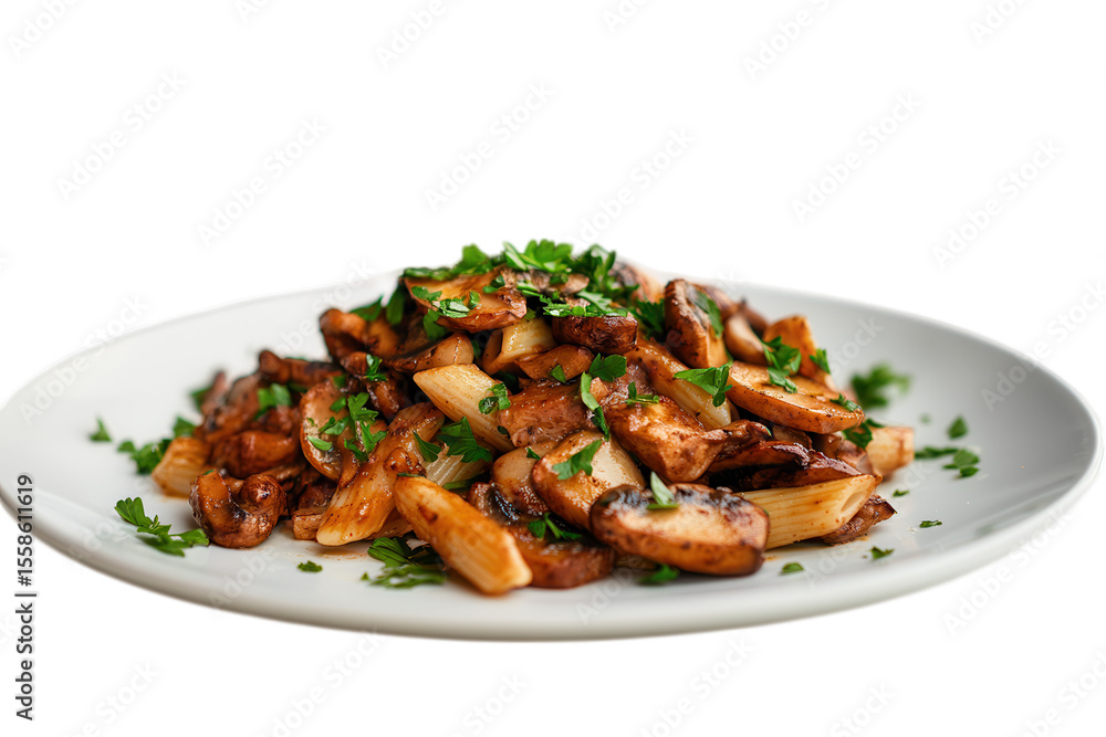 Sauteed Mushrooms Penne Pasta Dish Brown Garlic Herb Garnish White Plate isolated on a transparent background Sauteed Mushrooms Penne Pasta Dish Brown Garlic Herb Garnish White Plate isolated on a transparent background
