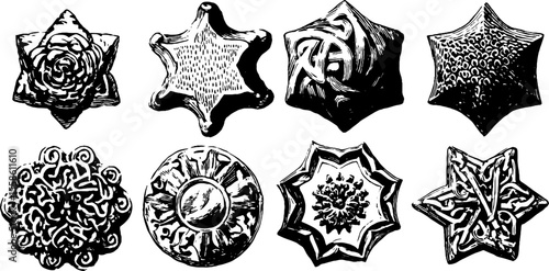 Vintage geometric tessellation stars engraved sketch for design and decor