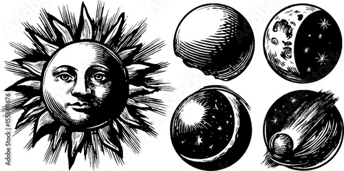 Vintage celestial bodies and phases: sun, moon, planets, and constellations for retro design