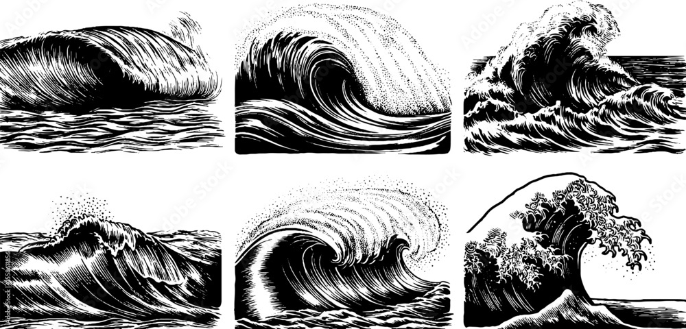 Fototapeta premium Vintage engraving of tidal waves and powerful tsunamis - retro water illustration for design projects