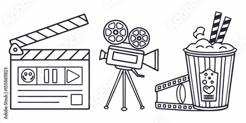Cinema set of web icons in line style. Movie and Film linear icon collection. Containing video, movie theater, 3d, vr, popcorn, ticket, director, soundtrack and more. Editable vector