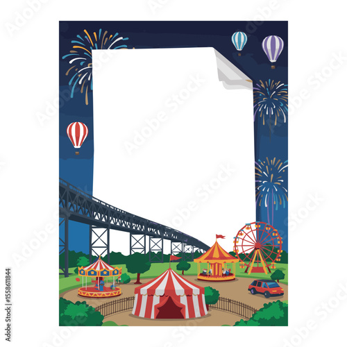 Carnival fairground frame with fireworks bridge and hot air balloons photo booth template background design cartoon vector illustration
