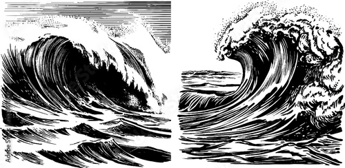 Dramatic tidal waves and tsunamis sketch for nautical designs and posters