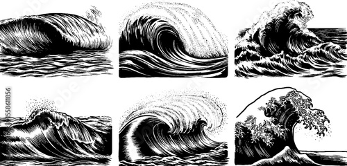 Vintage engraving of tidal waves and powerful tsunamis - retro water illustration for design projects