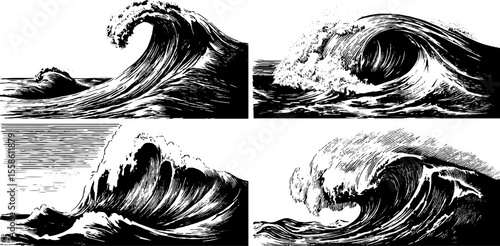 Dynamic set of tidal waves and tsunamis in vintage hand drawn style for design