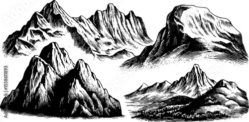Vintage hand drawn topographic mountain layers and elevation textures for design