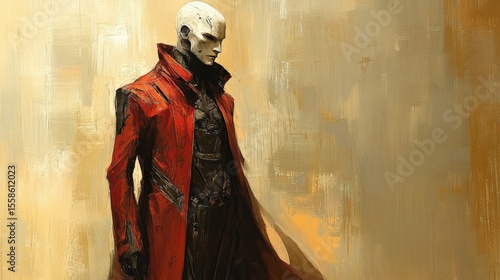 Dramatic Sci-Fi Character in Red Coat with Futuristic Design and Bold Strokes