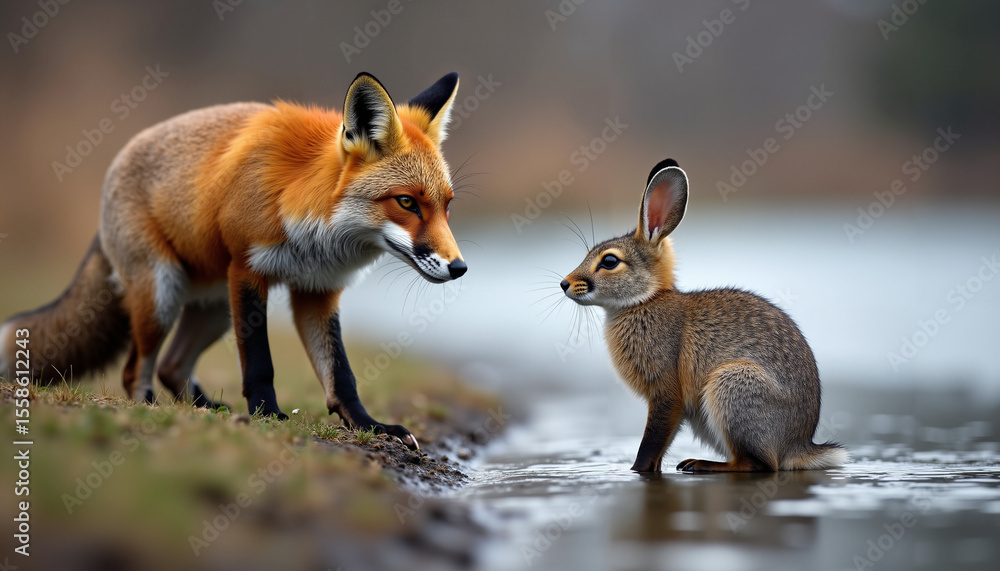 Fototapeta premium Red fox and brown rabbit interacting by the riverbank in nature 