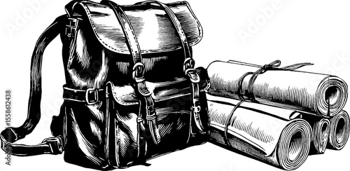 Vintage schoolbags and satchels with rolled books for retro design and decoration