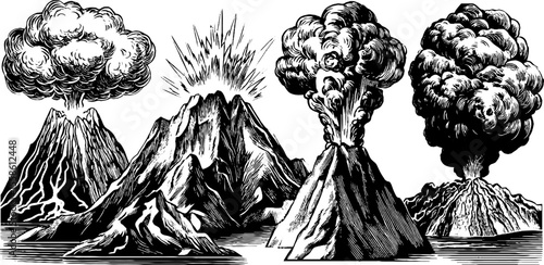 Dramatic volcanic eruptions and lava flow in vintage hand drawn style for nature and science illustrations