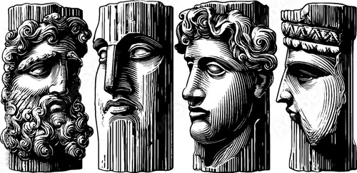 Vintage wall carvings of classical faces in decorative relief for art and design