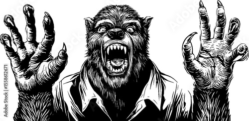 Vintage werewolf illustration with fur arms and clawed hands - retro halloween concept