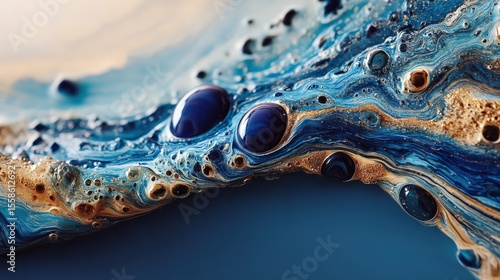 Abstract Colorful Fluid Art with Blue and Gold Bubbles, Modern Artistic Background