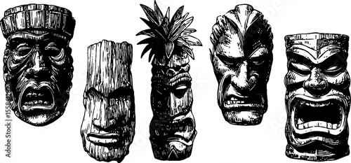 Tribal carvings and wooden figurines silhouette collection for cultural design