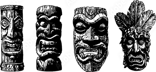 Tribal carvings and wooden figurines set for cultural design and decoration