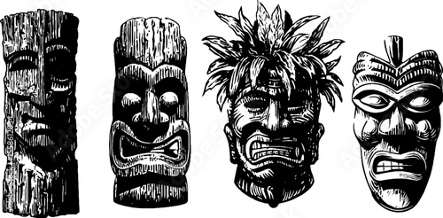 Tribal wooden figurines and carvings - vintage hand drawn engraving design for retro decor