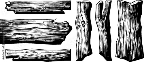 Vintage woodcut illustration of timber planks and nailed boards for rustic design