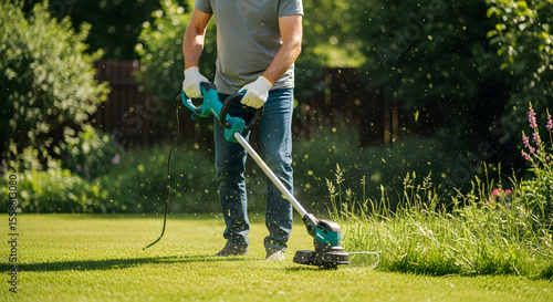 Man Trimming Overgrown Lawn with Electric String Trimmer