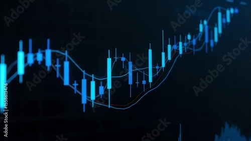 Close-up view of a digital stock market chart displaying fluctuating prices with vibrant blue candlesticks against a dark background, indicating market trends and analysis