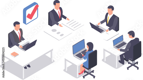 Isometric view of business professionals working at desks with laptops and documents in an office setting