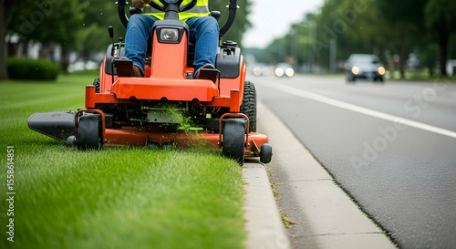 Professional Lawn Care with Riding Mower on Green Grass