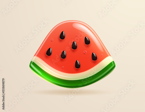Triangular slice of watermelon in glass 3D style. Vector illustration.