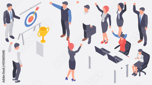 Isometric view of a team celebrating success with a target board and trophy in an office setting