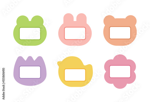 A set of cute animal and flower name tag labels. Includes pastel colored frog, rabbit, bear, chick and flower characters. Perfect for kids' name tags, tags, stickers and scrapbooks.