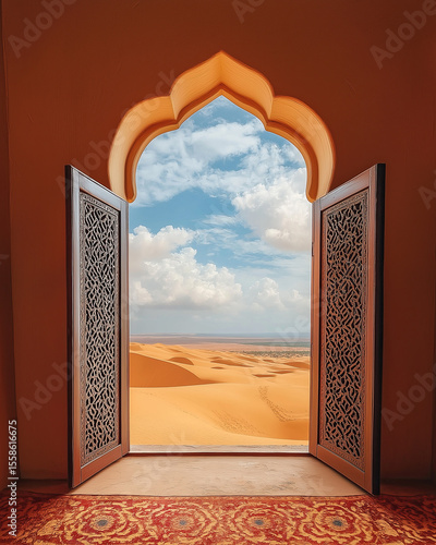 Fototapeta Naklejka Na Ścianę i Meble -  Ornately carved doorway frames expansive desert landscape with rolling golden sand dunes.