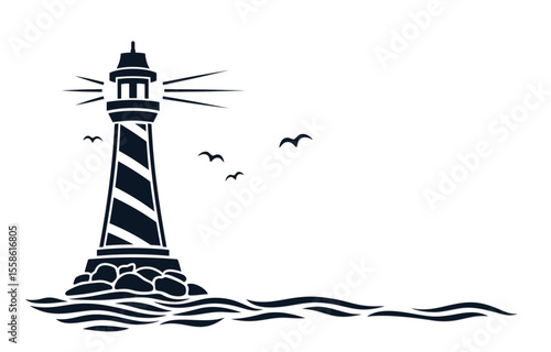 Seascape with a lighthouse and seagulls.
