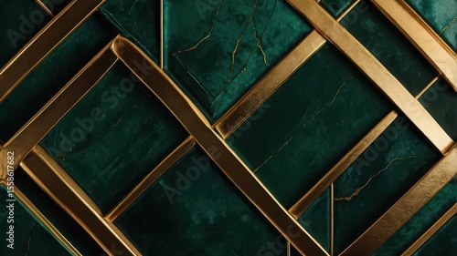 A detailed close up of a green marble surface with gold geometric lines creating a pattern