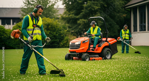 Professional Landscapers Maintaining a Large Green Lawn with Mowers and Trimmers