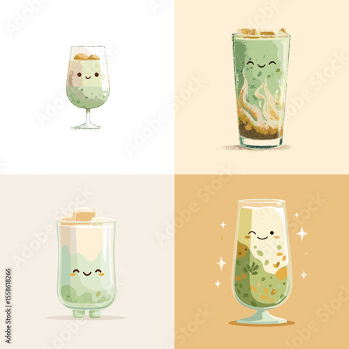 Cute matcha drinks with smiling cartoon faces in adorable style. Perfect for kawaii food icons, beverage menus, or character sticker designs.

