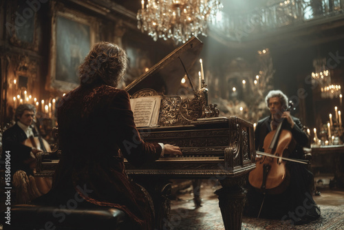 Mozart Bach and Beethoven performing in a grand concert hall illuminated by candlelight