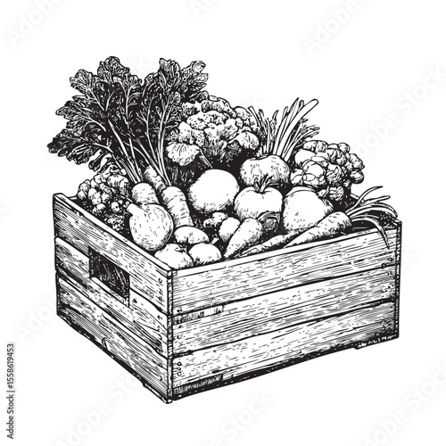 Fresh produce in a rustic wooden crate for market display