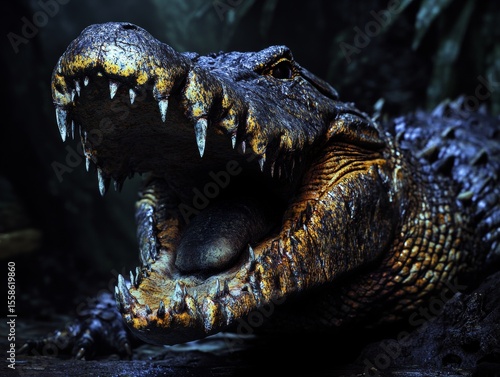 Close-up of alligator in the wild. Open mouth reveals sharp teeth and moist tongue.